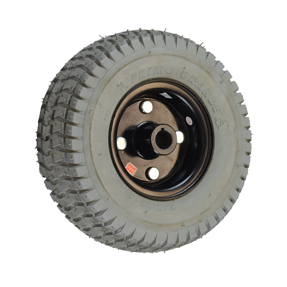 9x3.50-4 Pneumatic Drive Wheel Assembly for the Hoveround® MPV4® (Used) featuring a black rim, tube, and tire with Grande Knobby tread for enhanced grip.