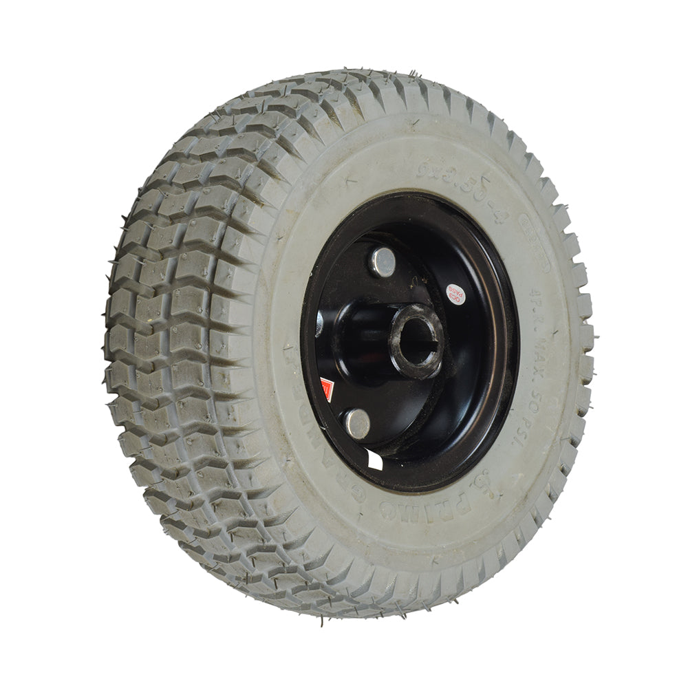 9x3.50-4 Pneumatic Drive Wheel Assembly for the Hoveround® MPV4® (Used) featuring a black rim, knobby tread, and complete with tire, tube, and rim, closely inspected and cleaned for quality.