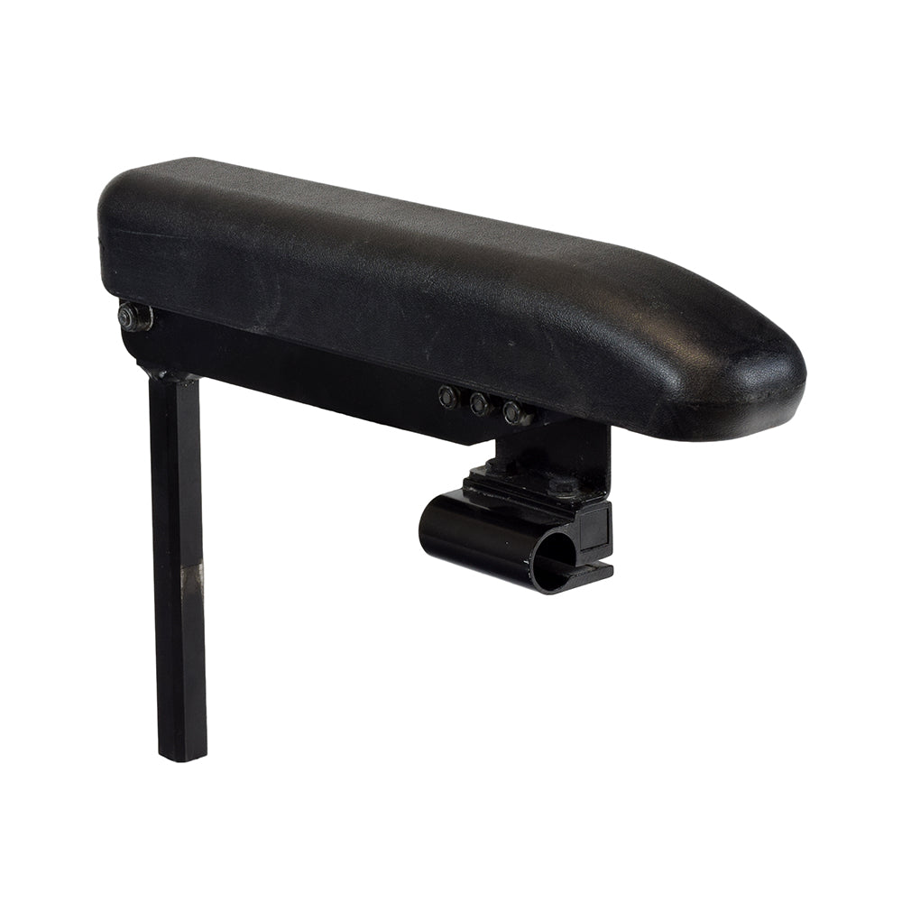 Full Length Adjustable Urethane Armrest with Joystick Tube Bracket for Invacare Pronto Power Chairs (Used) featuring a black armrest with mounting bracket and joystick tube, shown on a white background.