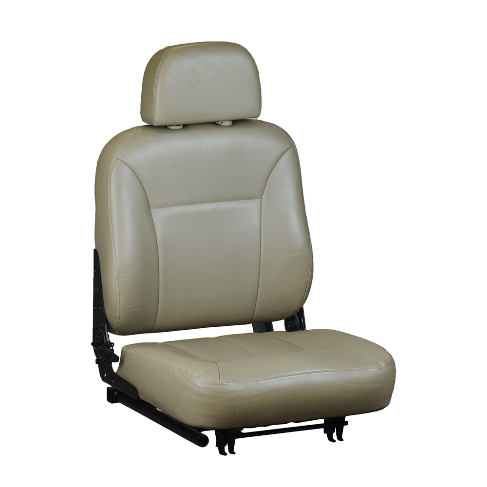 18X18 Gray Vinyl Semi-Recline Van Seat Assembly for the Invacare Pronto M71, M91, & M94 Power Chairs (Used) featuring a tan leather seat with a headrest, adjustable steel hinges, and a steel mounting bracket.