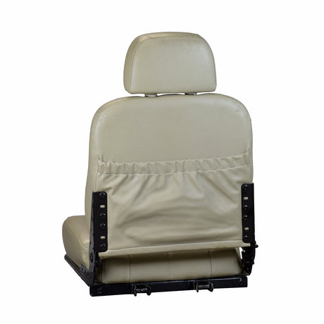 18X18 Gray Vinyl Semi-Recline Van Seat Assembly for the Invacare Pronto M71, M91, & M94 Power Chairs (Used), featuring a white seat with a black frame and adjustable steel hinges.