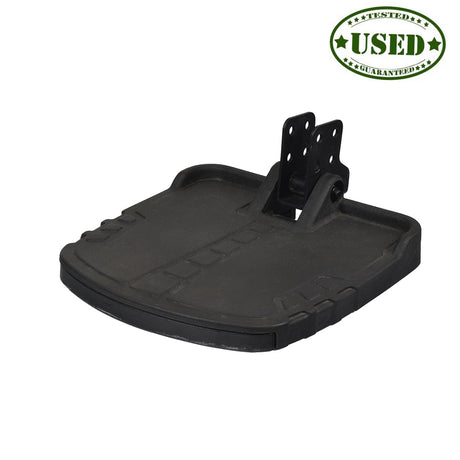 ATX Style Foot Platform with Rubber Mat for Jazzy and Quantum Power Chairs (Used) featuring a black plastic stand with a metal bracket and holes, ideal for replacing worn parts.