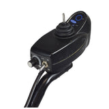 MKIV RII Joystick and Tube Mount for Invacare Pronto Power Chairs (Used), featuring a black device with a button and attached cable, shown in a close-up view.