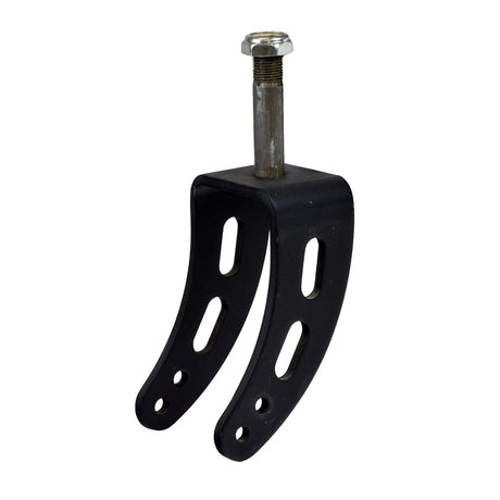 Rear Caster Fork Assembly for the Hoveround® MPV5® (Used) – Close-up of a black metal fork with bolts and holes, tested and cleaned, ensuring even tire wear and stability for your power chair.