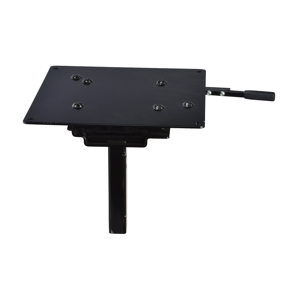 Seat Plate Assembly with Release Lever for the Hoveround® MPV5® (Used), featuring a black metal rectangular plate with a handle and screws, showing water droplets on a clean, white background.