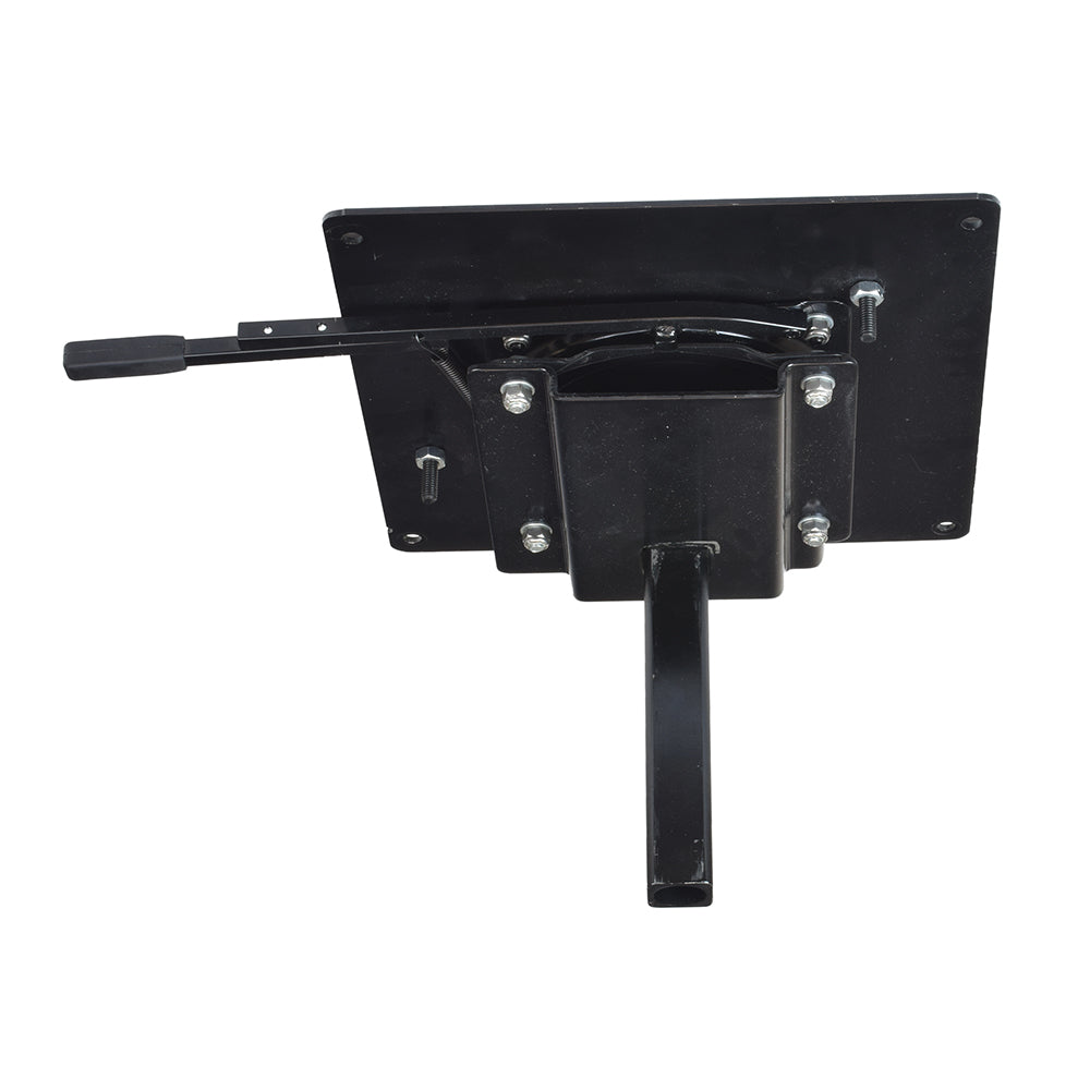 Seat Plate Assembly with Release Lever for the Hoveround® MPV5® (Used) features a black metal plate with a lever and handle, designed for high-back style seats with armrests attached directly.