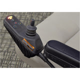 4 Key 50 Amp VSI Joystick Controller with Right Angle Connector, No Program (Used) resting on a chair, displaying its control buttons and cord.