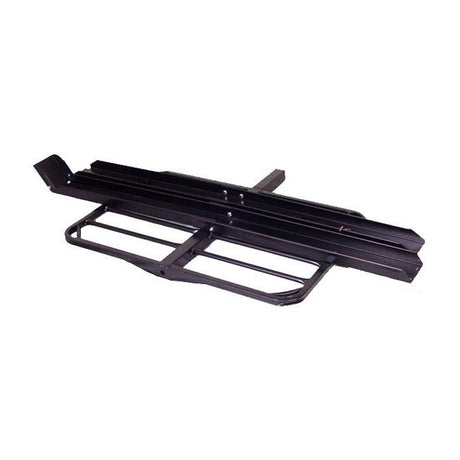 Single 50cc Scooter Carrier with Ramp: Black metal carrier with handle, designed for transporting 49-50cc scooters. Includes a ramp, anti-tilt lock bracket, and fits class III or IV hitches.