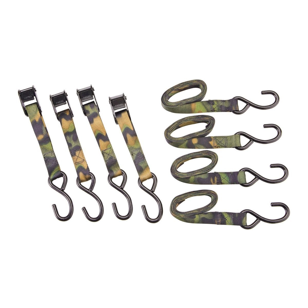 400 lb. Capacity 1 in. x 15 ft. Ratcheting Tie Down Strap Kit by Haul-Master, featuring a set of four durable straps with hooks, ideal for securing loads to carriers.