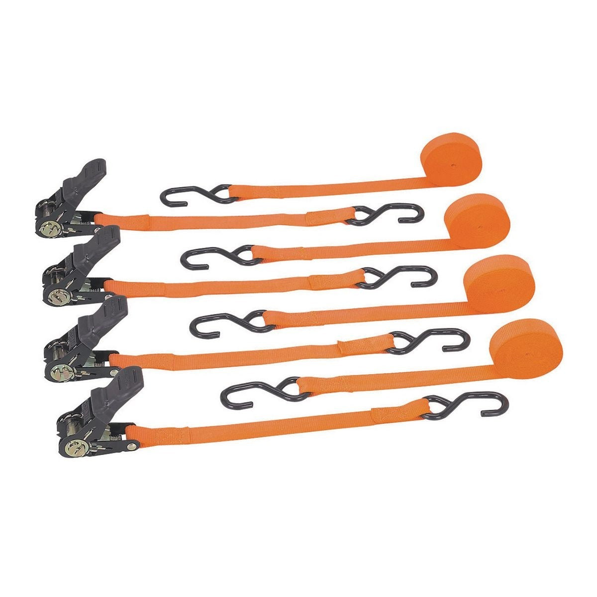 400 lb. Capacity 1 in. x 15 ft. Ratcheting Tie Down Strap Kit, featuring multiple orange straps with hooks, perfect for securing loads to carriers, ensuring safety and reliability.