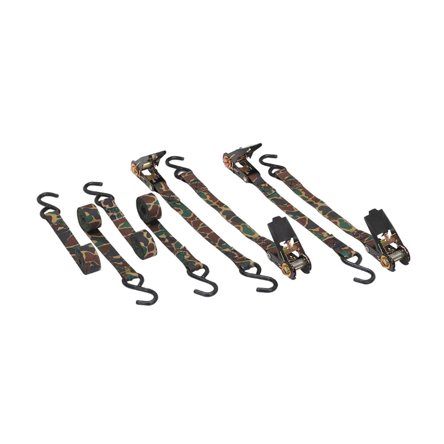 400 lb. Capacity 1 in. x 15 ft. Ratcheting Tie Down Strap Kit by Haul-Master, featuring a group of robust straps with hooks, ideal for securing loads on carriers.