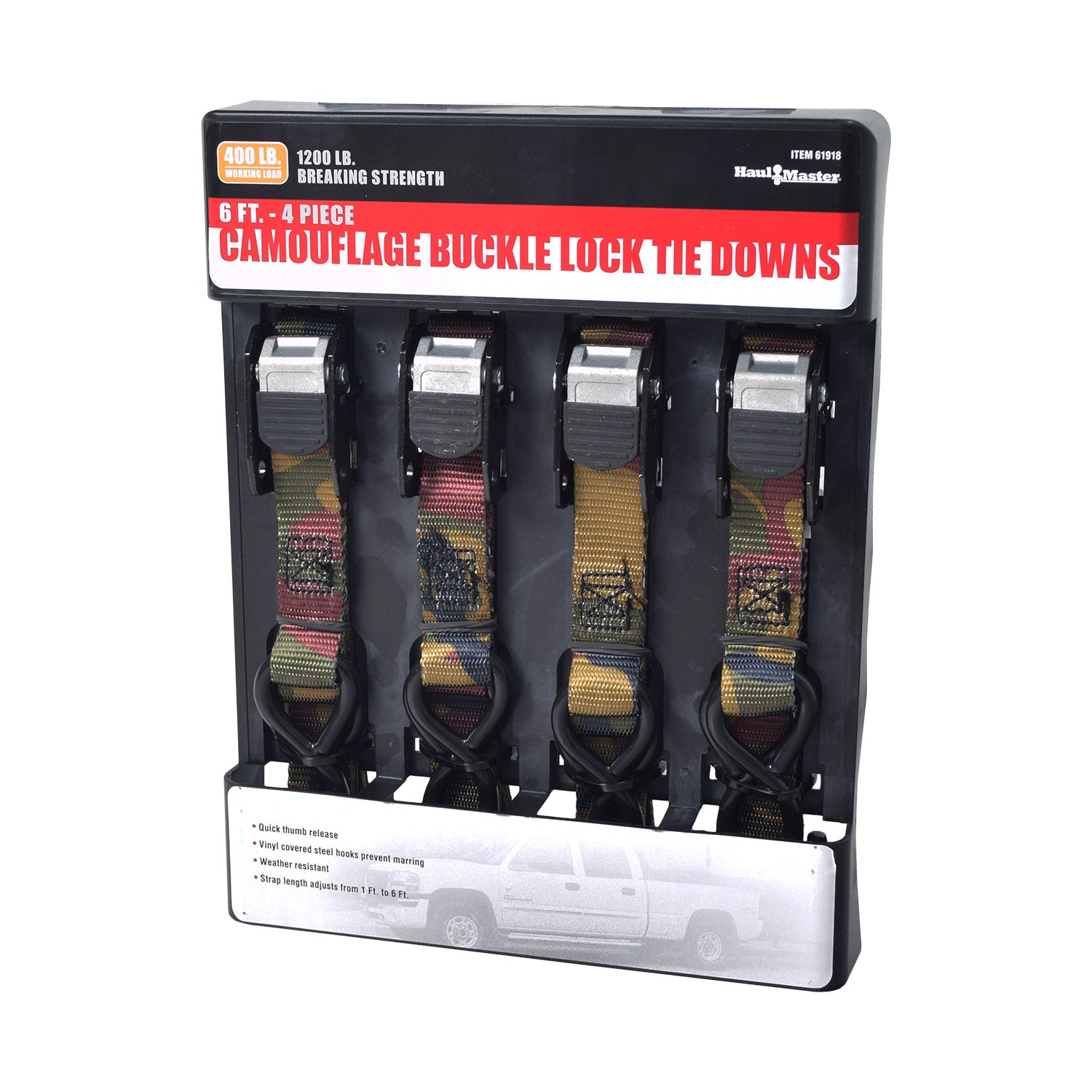 Set of 400 lb. Capacity 1 in. x 15 ft. Ratcheting Tie Down Strap Kit by Haul-Master, featuring camouflage buckle ties ideal for securing loads on carriers.