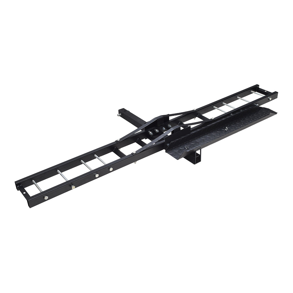 Hitch Mounted Steel Carrier with 500 lb. Capacity for Dirt Bikes, Motorcycles, & Scooters, featuring a sturdy black metal frame and included hardware for easy installation on a 2 square receiver.