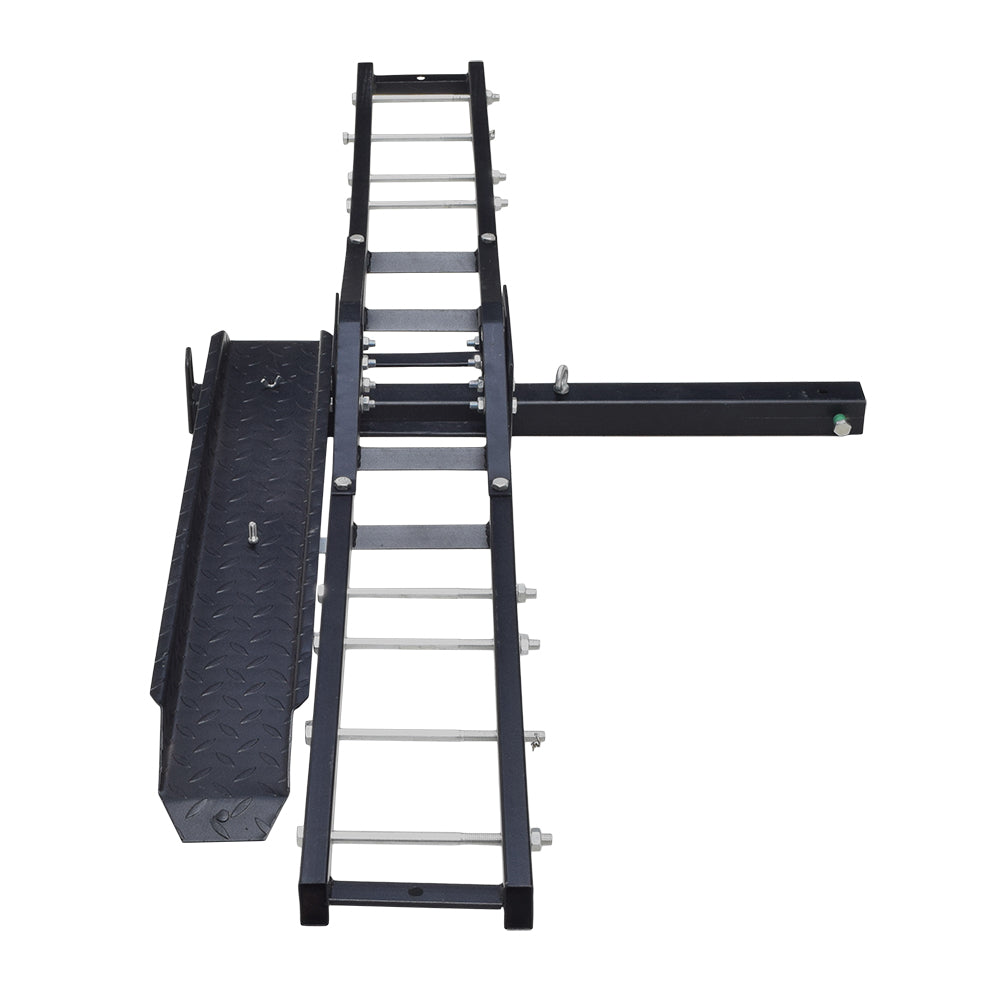 Hitch Mounted Steel Carrier with 500 lb. Capacity for Dirt Bikes, Motorcycles, & Scooters, featuring a sturdy black ladder-like structure with visible white screws, designed for easy vehicle attachment and secure transport.