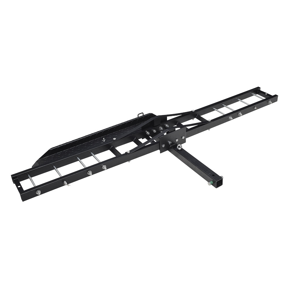 Hitch Mounted Steel Carrier with 500 lb. Capacity for Dirt Bikes, Motorcycles, & Scooters, featuring a black metal frame with screws, designed for easy installation into a 2 square receiver.