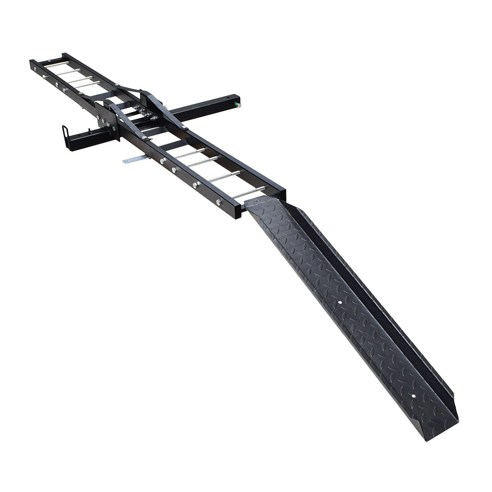 Hitch Mounted Steel Carrier with 500 lb. Capacity for Dirt Bikes, Motorcycles, & Scooters, featuring a sturdy black metal frame with white ladder-style supports, long handle, and anti-tilt locking device.