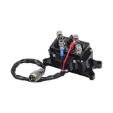 3500 lb. Capacity ATV & UTV Winch Kit with Remote Hand Control, featuring a black electrical winch, wires, and a close-up of components like screws, nuts, cables, and a plug.