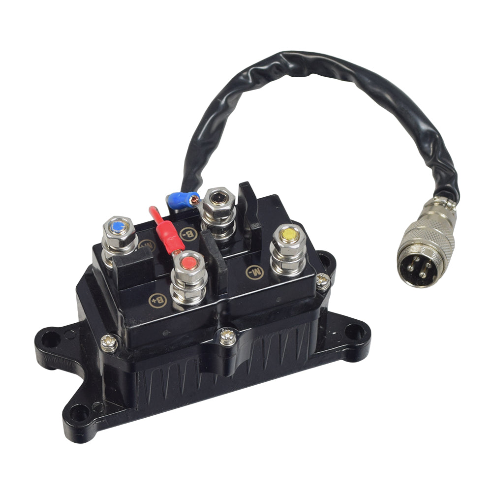 12 Volt Winch Solenoid Relay for ATVs (Non-Hisun) featuring four terminals, a 4-wire cable with a 4-pin male connector, and included mounting hardware, suitable for 2000 to 4500 lbs. capacity winches.