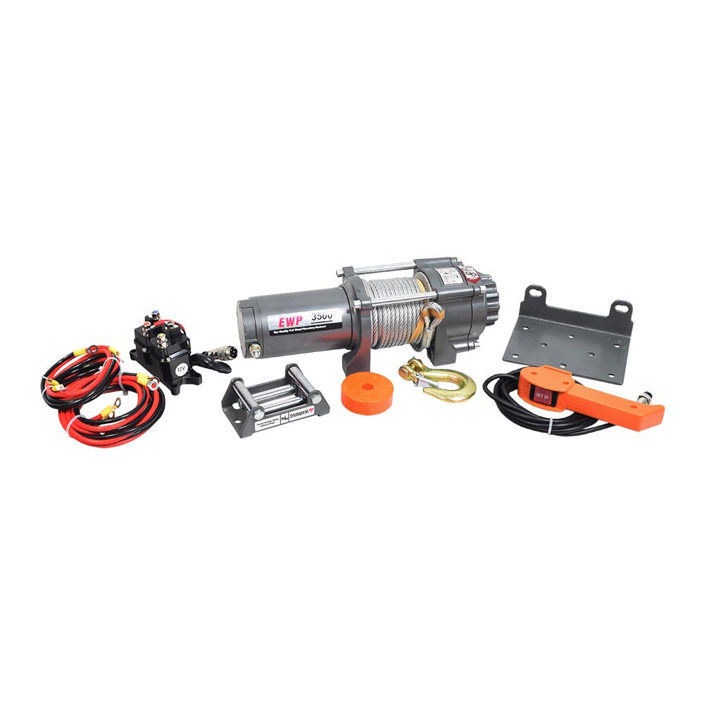 3500 lb. Capacity ATV & UTV Winch Kit with Remote Hand Control, featuring a robust electric winch, cables, roller fairlead, solenoid relay, U-type hand control, and a cargo hook, ideal for offroad use.