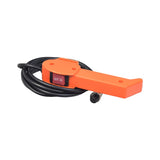 3500 lb. Capacity ATV & UTV Winch Kit with Remote Hand Control, featuring an orange device with a black cable, close-up of a button, and a plug.