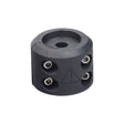 Heavy-Duty ATV & UTV Winch Cable Stopper Guard, a black circular rubber object with multiple holes, equipped with steel bolts, nuts, and washers for securing cables and preventing hook collisions.