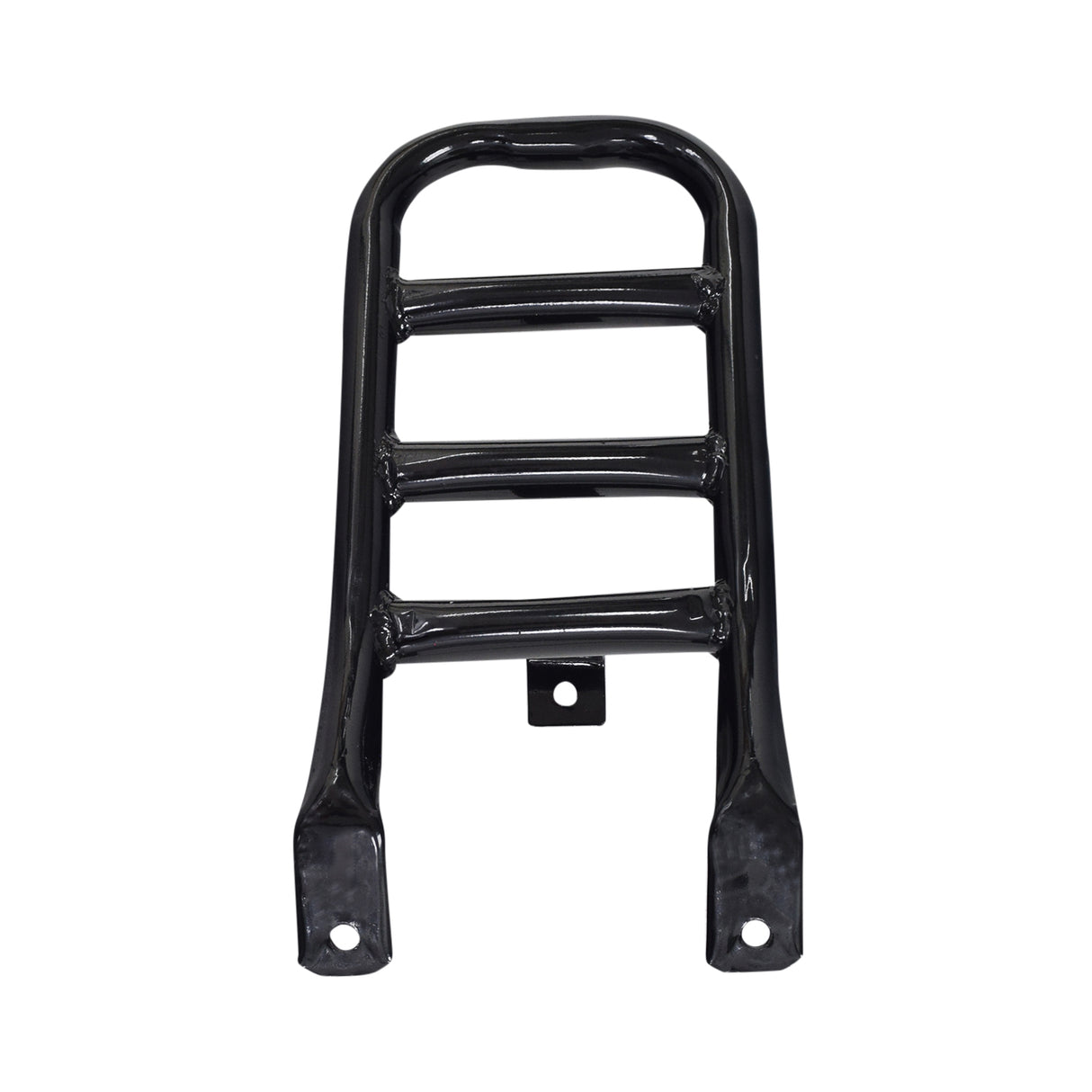 Black metal cargo rack for the Coleman CT200U Trail Mini Bike, displayed on a white background, showcasing its sturdy structure.