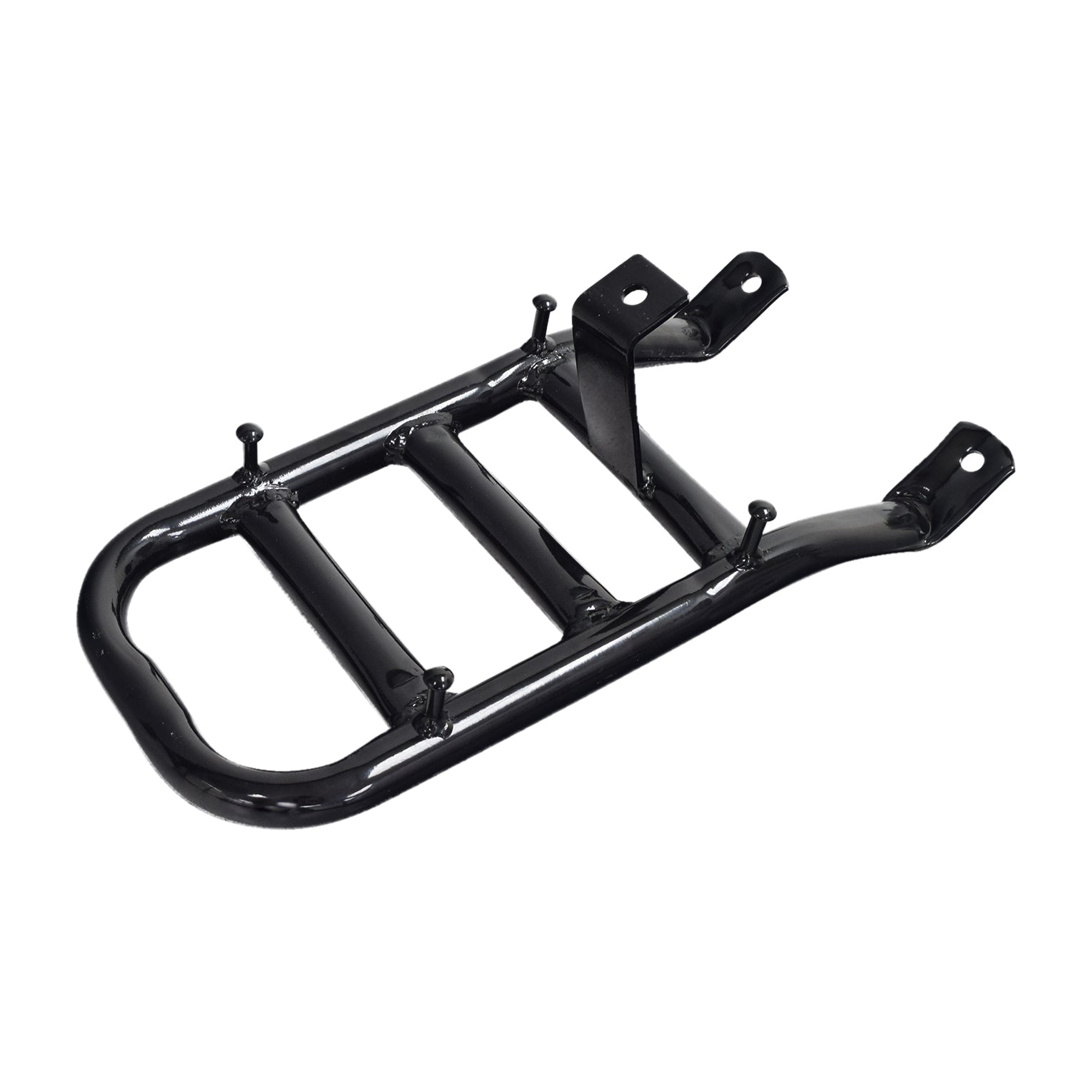 Cargo Rack for the Coleman CT200U Trail Mini Bike, featuring a robust black metal frame with multiple holes for mounting, designed to enhance utility without included hardware or support struts.