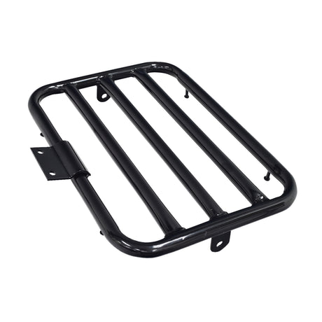 Cargo Rack for the Coleman CT200U Trail Mini Bike showing a sturdy black metal frame with a handle, designed for either front or rear configuration. Note: Mounting hardware and rear support struts not included.