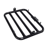 Cargo Rack for the Coleman CT200U Trail Mini Bike featuring a black metal frame with multiple holes, designed for front or rear mounting. Note: Mounting hardware and rear rack support struts not included.