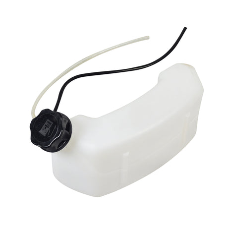 Standard Fuel Tank with Cap for Gas Scooters, featuring a white plastic container and a black cap, including fuel lines. Suitable for various gas-powered scooters and custom projects.