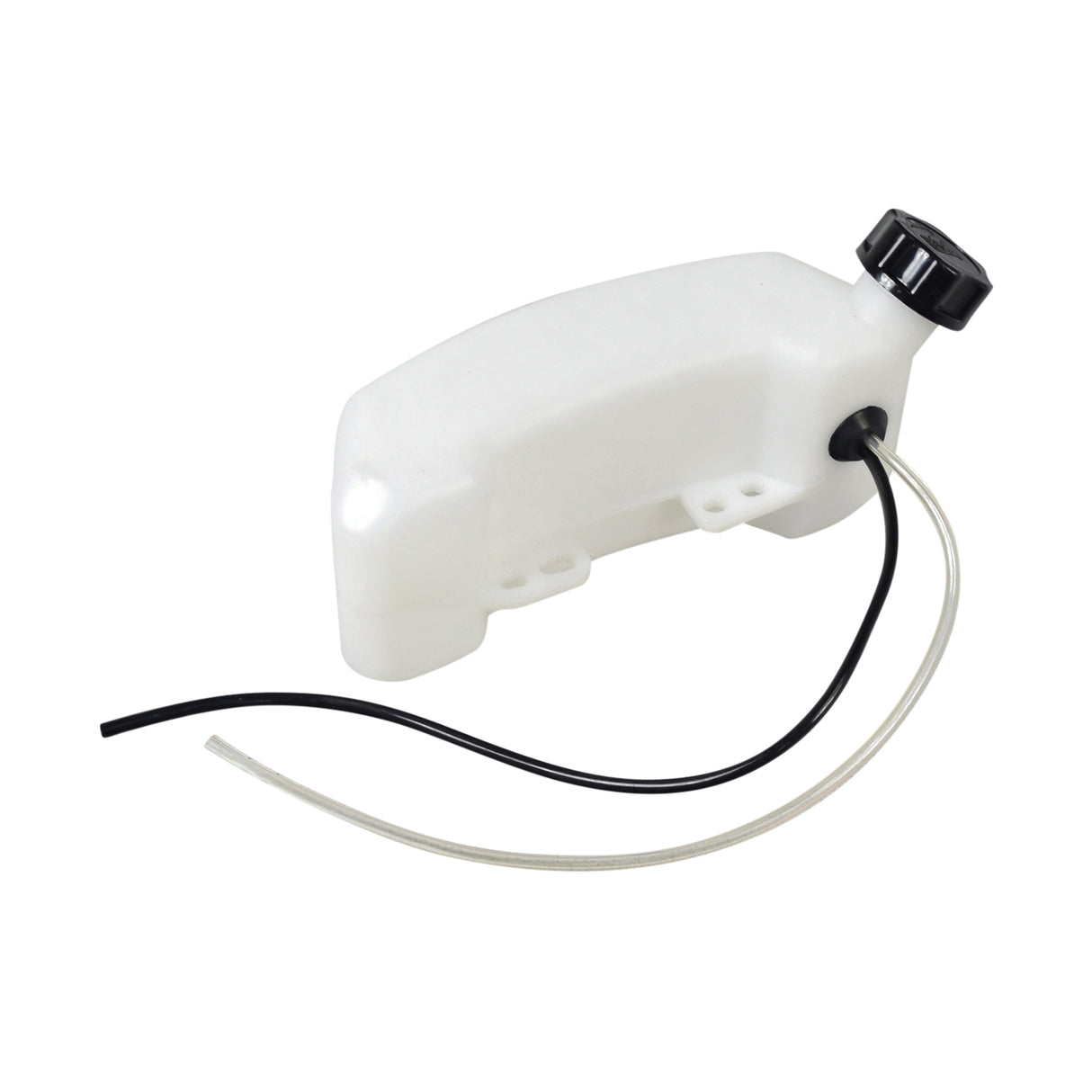 Standard Fuel Tank with Cap for Gas Scooters, featuring a white plastic container with a black cap and attached fuel lines, designed to fit various models and custom projects.