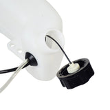 Standard Fuel Tank with Cap for Gas Scooters, featuring a white plastic body, black cap, and attached fuel lines. Ideal for various scooter models, mini bikes, and custom garage projects.