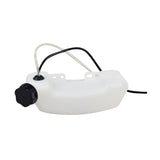 Standard Fuel Tank with Cap for Gas Scooters, featuring a white plastic tank, a black cap, and attached black fuel lines. Suitable for various scooters, mini bikes, and custom projects.