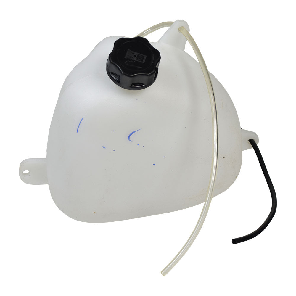 Fuel Tank with Cap & Three Mounting Tabs (Blemished) in white plastic with a black cap, showcasing minor scratches and blue marker stains. Suitable for mini choppers and various gas scooters.