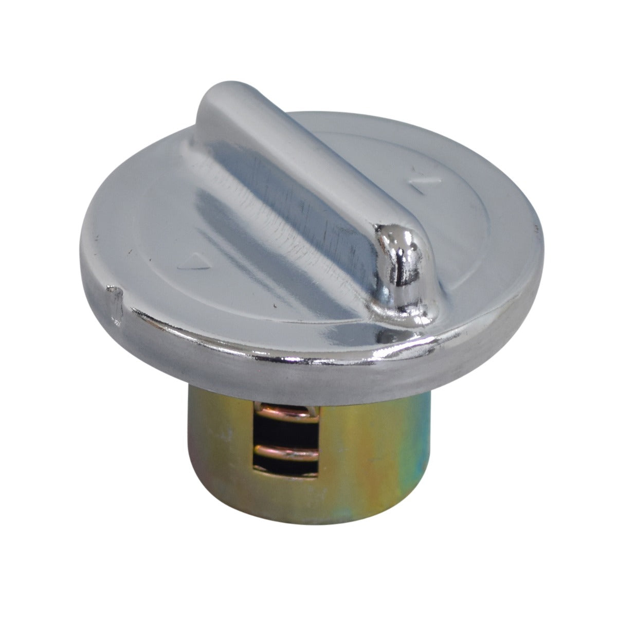 Chrome Gas Cap for Street Scooters, featuring a shiny silver finish with a handle, round lid, and visible copper coil. Compatible with various scooter models and GY6 engine sizes.