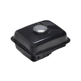 Fuel Tank for 5.5 Hp 163cc & 6.5 Hp 196cc Engines, shown as a black plastic container with a silver knob, suitable for Baja Mini Bike models including Baja Heat, Baja Warrior, and Mini Baja.