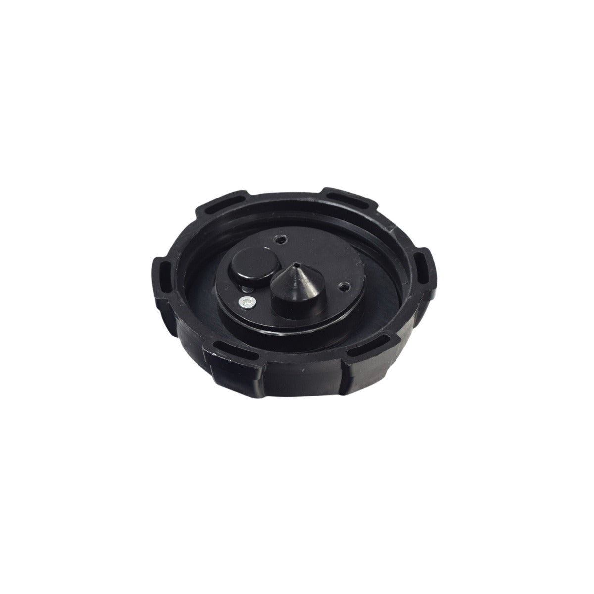 Gas Cap for 40cc Bladez & Tanaka Gas Powerboards & Powerkarts, shown as a black circular object with a pointy cone and scalloped edge, featuring a rubber seal for secure fit.