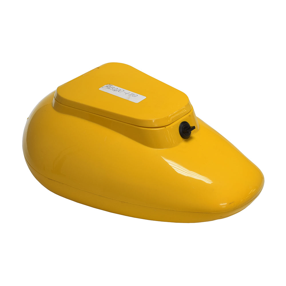 Decorative Yellow Fuel Tank for the Baja MB200 (Blemished) with white label and black button, featuring visible scratches and scrapes. This decorative tank has a secure latch for storage.