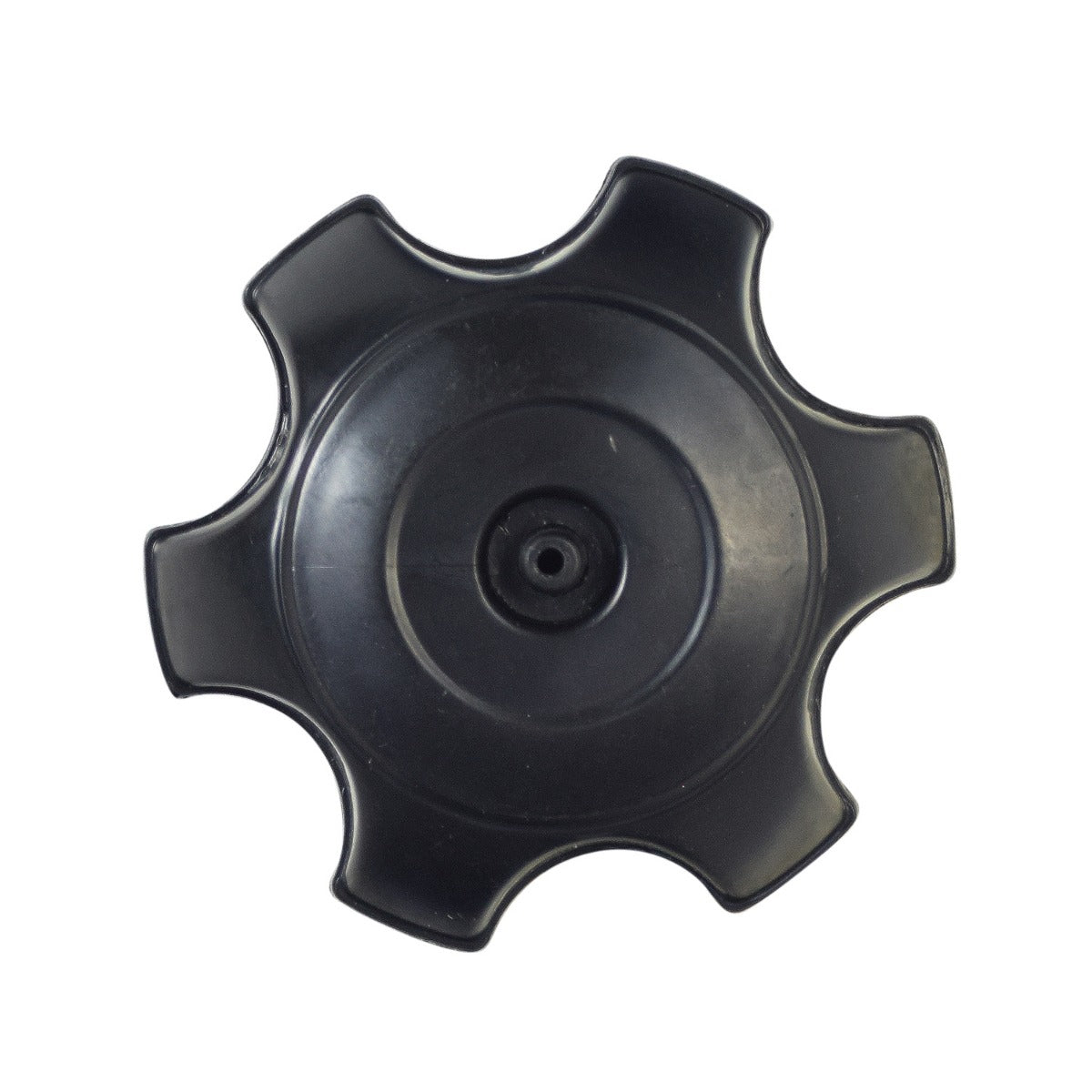 49 mm Universal Large Grip Fuel Tank Cap for 50cc - 150cc ATVs & Dirt Bikes: Close-up of a black gear-like plastic cap with a central hole.