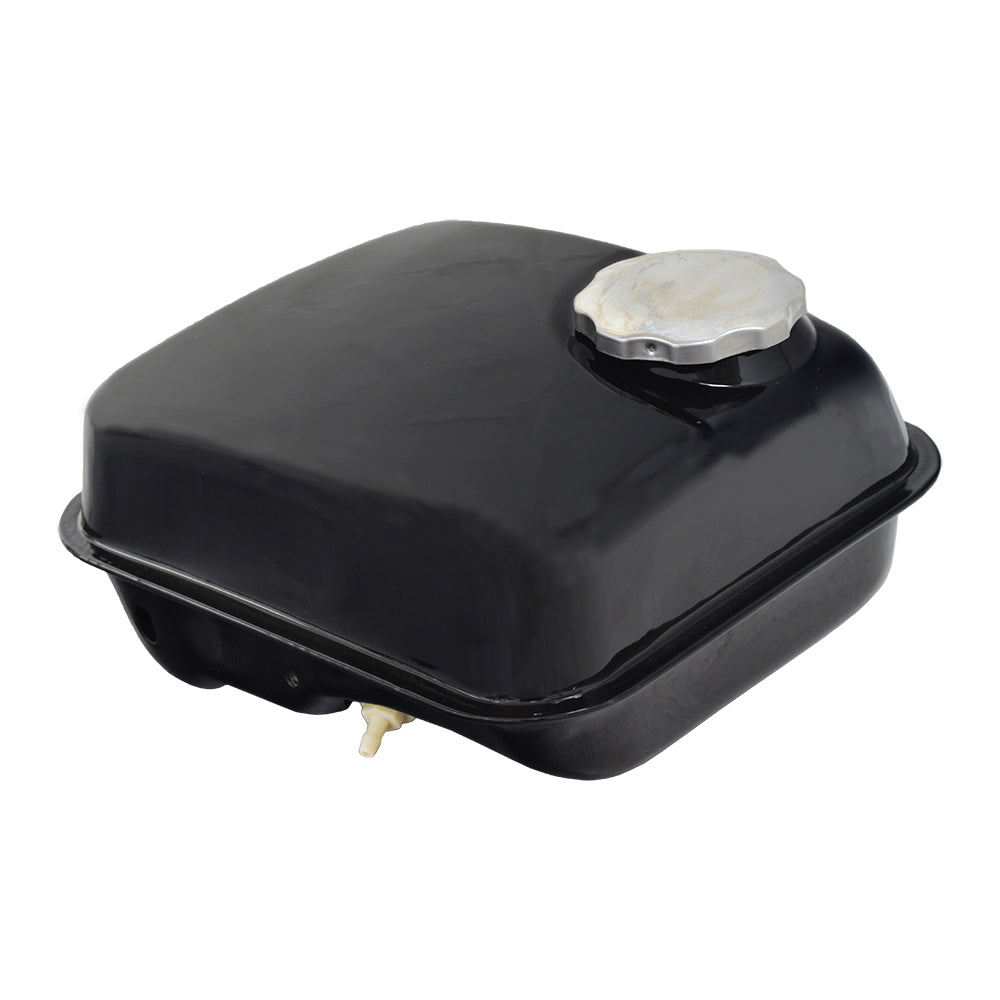 Fuel Tank for the Massimo Warrior 200 MB200 Mini Bike, featuring a black steel body with a silver cap and includes a fill strainer. Ideal for mini bike parts and custom projects.