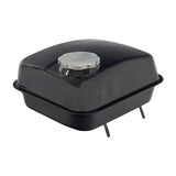 Fuel Tank for the Coleman KT196 196cc 6.5 Hp Go-Kart, featuring a black square body with a silver cap, includes a steel tank and fill strainer.