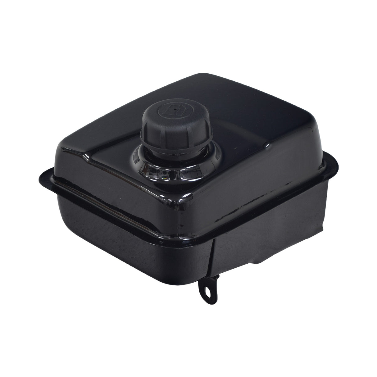 Fuel Tank for Coleman CC100X & CT100U Trail Mini Bikes, featuring a black enameled steel tank with a black plastic cap positioned near one corner for easy access and installation.