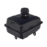 Fuel Tank for Coleman CC100X & CT100U Trail Mini Bikes, a black enameled steel tank with a corner fill port and black cap, designed for easy installation and economical replacement of damaged tanks.