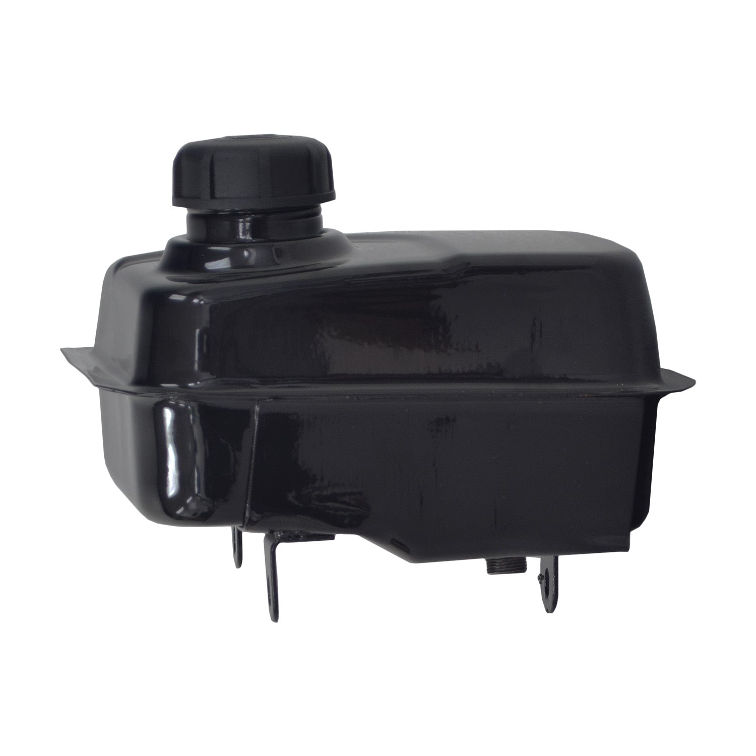 Fuel Tank for Coleman CK100 & SK100 Go-Karts, featuring a black enameled steel tank with a centrally placed black cap, designed as an economical replacement for damaged or leaky gas tanks.