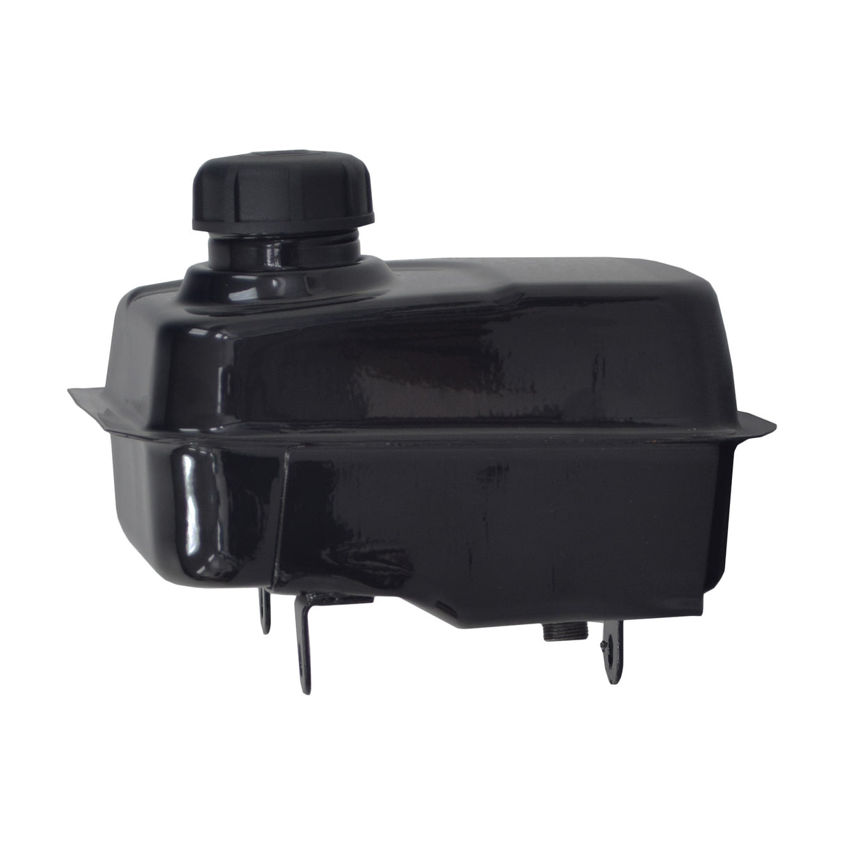 Fuel Tank with Corner Cap for Coleman CK100 & SK100 Go-Karts - A black enameled steel tank with a black cap, designed for easy installation and economical replacement for leaky or damaged tanks.