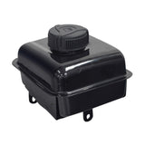 Fuel Tank for Coleman CK100 & SK100 Go-Karts: A black enameled steel tank with a central black plastic cap, ideal for replacing damaged or leaky go-kart fuel tanks.