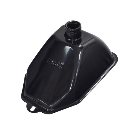 Metal Fuel Tank for Coleman AT125-EX & AT125-UT ATVs, featuring a black enamel finish on the steel body with a visible hole and mounting flanges on the front and back.