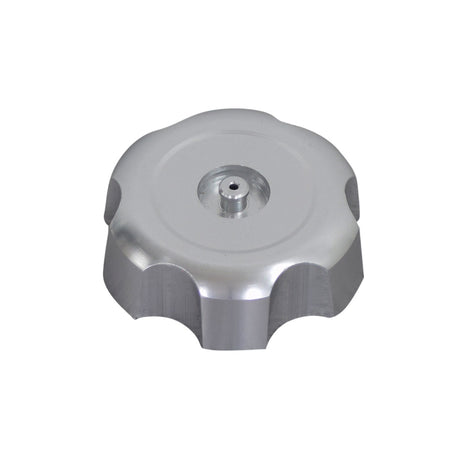 Vented Metal Fuel Tank Cap for Coleman AT125-EX & AT125-UT ATVs, showing a detailed silver metal cap with a central hole, scalloped edge, and a visible rubber seal for secure fit.