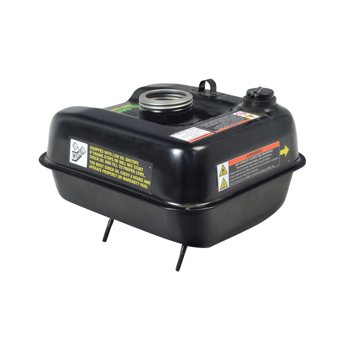 Fuel Tank for the Predator 224cc 6.6 HP Engine, a black rectangular steel container with a round metal cap, suitable for go-karts and mini bikes, 3.6-liter capacity.