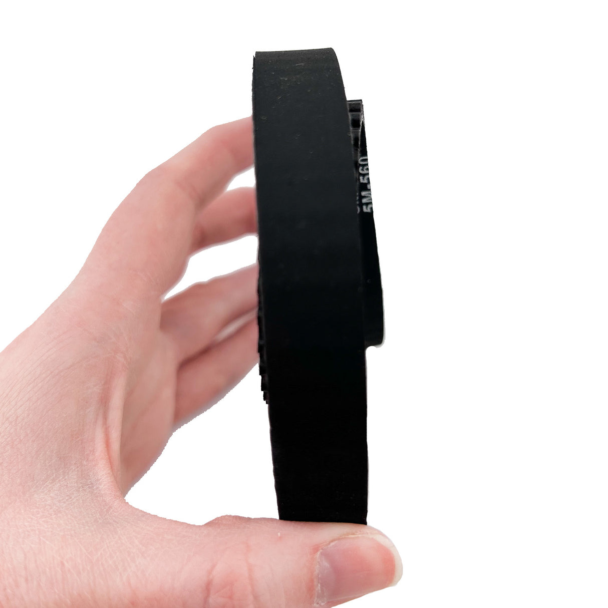 Hand holding a 560-5M/15 Drive Belt for the Razor E200 electric scooter, showing the black rectangular object with white text for compatibility details.